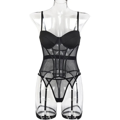 Dessous-Sets für Frauen, gepolstertes Damen-Unterwäsche-Outfit, G-String, transparentes Bilizna-Set, Push-Up-Spitze, Korsett-Top, Strumpfband, Wanita