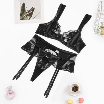 Lencería de cuero, ropa interior de retazos de encaje sexy, conjunto de sujetador y bragas florales transparentes de 3 piezas, traje íntimo de liga