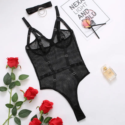 Sexy Bodysuit für Damen, transparente Spitze, Unterwäsche, Dessous mit offenem Schritt, Mesh, Teddy, Nachtclub