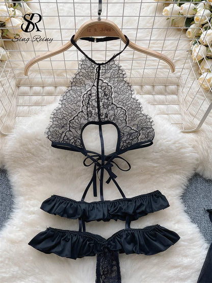 Transparent Sensual Playsuits Women Backless Bodysuits+ Silk Stockings Ruffles Hollow Out Open Crotch  Playsuits Wanita