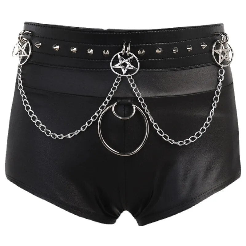 Punk Schärpen Kette Schwarz Sommer Shorts Frauen Gothic Kleidung PU Mode Sexy Shorts Streetwear Ästhetische Hohe Taille Shorts