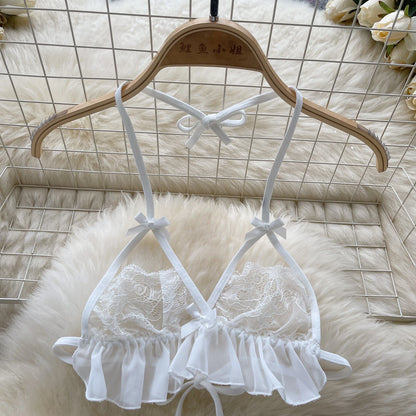 Transparente Spitze, sexy Unterwäsche, Anzüge, neue Damen-Mesh-Rüschen, Neckholder-Mini-BH + Perlen-Tangas, aushöhlen, Nachtanzüge, Wanita