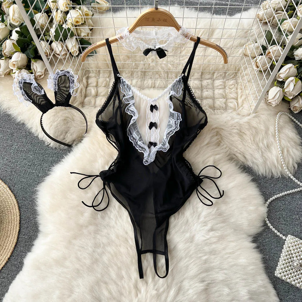 Cosplay Rabbit Maid Sexy Bodysuits Ladies Transparent Mesh Splice Lace Slim Nightwear 2023 Open Crotch Sexy Jumpsuit Wanita