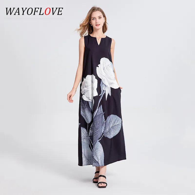 WAYOFLOVE Ladies Spring Summer Long Dress Women Black Sleeveless Loose V-neck Elegant Dresses Party New Rose Print Vintage Dress