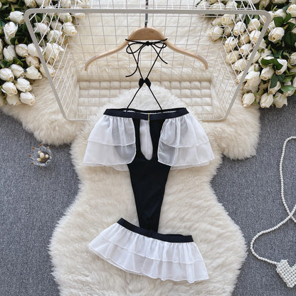 Ruffles Sweet Sexy Bodysuits Ladies Halter Hollow Out Slim Backless Playsuits+Mini Skirt  Open Crotch Nightwear Wanita