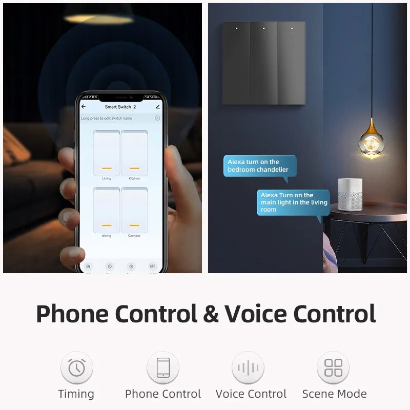 No neutral Universal WIFI Button Light Wall Switch 3-Color Blue LED TUYA Smart Home 2Way/3Way Alexa Google Home Alice