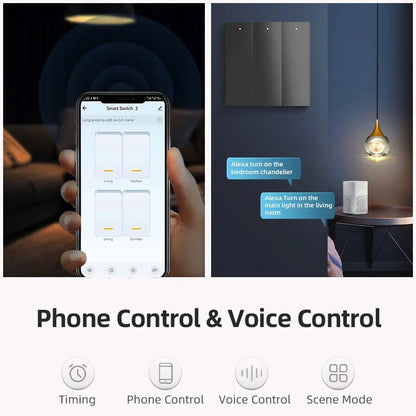 Interruptor de pared con botón WIFI Universal, No neutral, LED azul de 3 colores, TUYA, hogar inteligente, 2 vías/3 vías, Alexa, Google Home, Alice