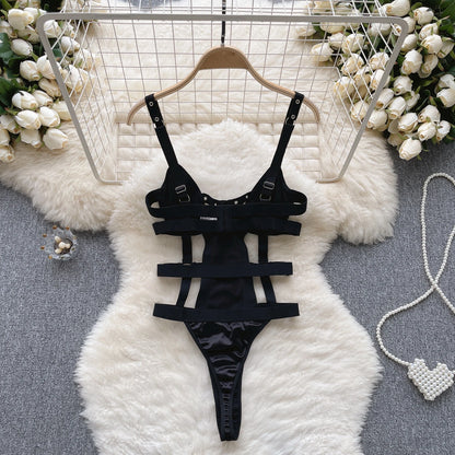 Wanita Hollow Out Sexy Bodysuits Mode 2023 Rückenfrei Elastisch Offener Schritt Schlanke Nachtwäsche Strap PU Leder Sinnliche Playsuits