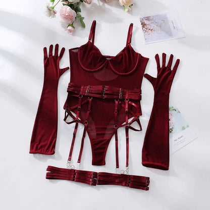 Body de encaje ajustado transparente, lencería Sexy, cuerpo con guantes, conjunto de liga, Top de malla sin entrepierna Sissy