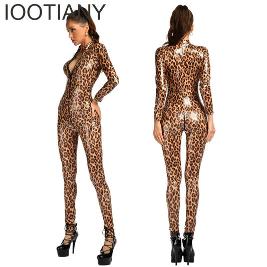 IOOTIANY Sexy Leopard Bodysuit Wet Look Faux Leather Catsuit Hot Women Zipper Open Crotch Jumpsuit Mistress Costumes