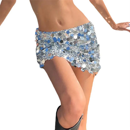 Women Shiny Sequins Mini Skirt Summer Sexy Low Waist Elastic Bodycon Skirt for Beaches Club Streetwear Glitters Short Skirt