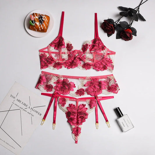 Florale Dessous, sexy, ausgefallene Unterwäsche, Stickerei-Slip-Sets, Spitze, transparenter Bügel-BH und Tanga mit Strumpfbändern