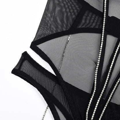 Lencería con diamantes de imitación y cintura para mujer, ropa interior Sensual de encaje transparente con borlas brillantes, íntima Sexy sin censura