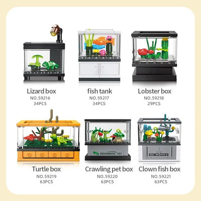 Micro Fish Tank Series Building Blocks Set Clownfish Lobster Display Box Model Children Creative Diy Educational Bricks Toys