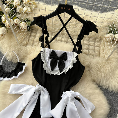 Maidservant Cospaly Sexy Playsuits Women Strap Ruffles Lace Sweet  Nightwear Backless Sensual  Bodysuits Wanita