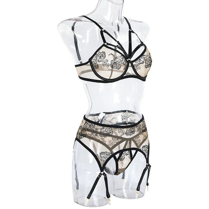 Sexy Dessous-Set für Damen, 3-teilig, Spitze, transparent, BH, Slip-Sets, ausgefallene Strumpfbänder, intime Unterwäsche, Panty-Set