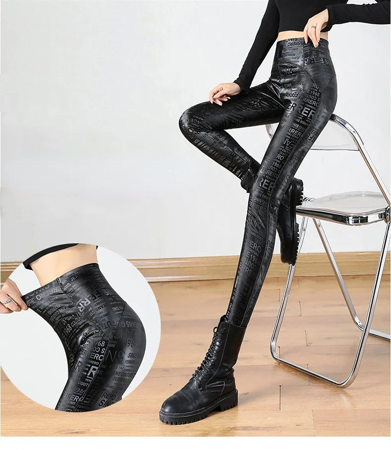 Letter Graffiti Elasticity Leather Leggings High Waist Women Autumn Winter Warm Slim Fleece Leggings Motorcycle PU Pencil Pants