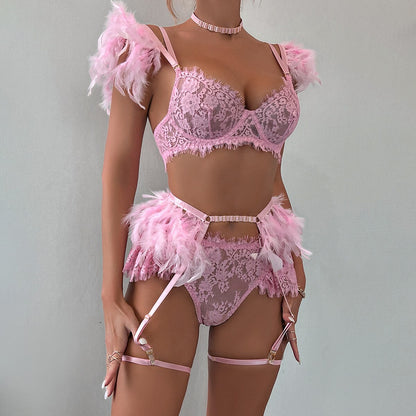 Lencería de plumas, ropa interior de lujo de encaje, conjuntos de sujetador y bragas transparentes de 5 piezas, Sissy íntimo sin costuras, Push Up Sensual