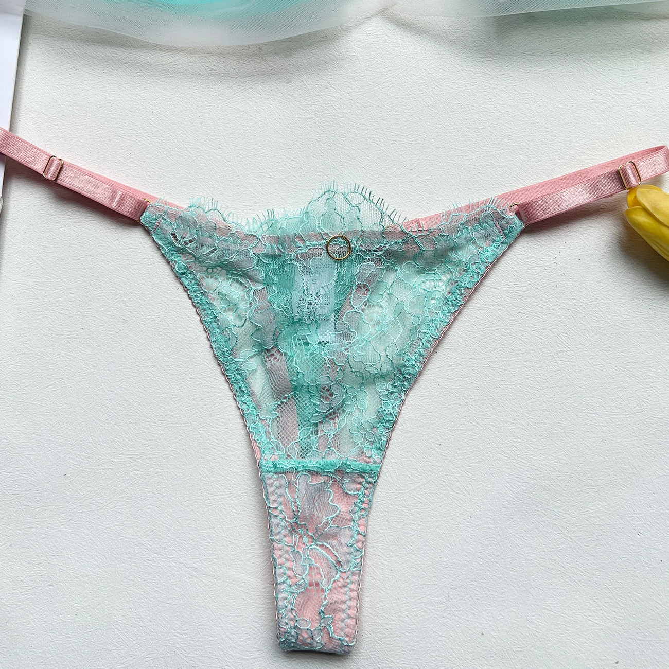 Feder-Dessous, sexy 5-teiliges Damen-Unterwäsche-Set, unzensiert, ausgefallene transparente Spitze, einzigartiges Paar, intim