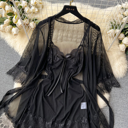 Women Sexy Lace Nightwear Suits Transparent Short Dress+Mesh Cardigans+Thongs 2023 Sheer   Nightdress Sets Wanita