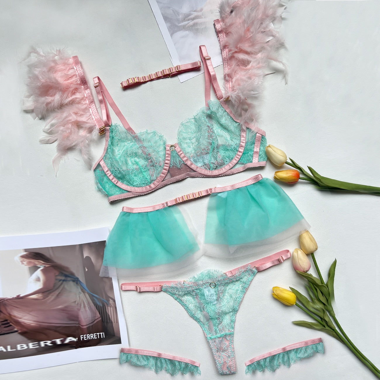 Lencería de plumas, ropa interior Sexy de 5 piezas para mujer, conjunto de encaje transparente elegante sin censura, pareja única íntima