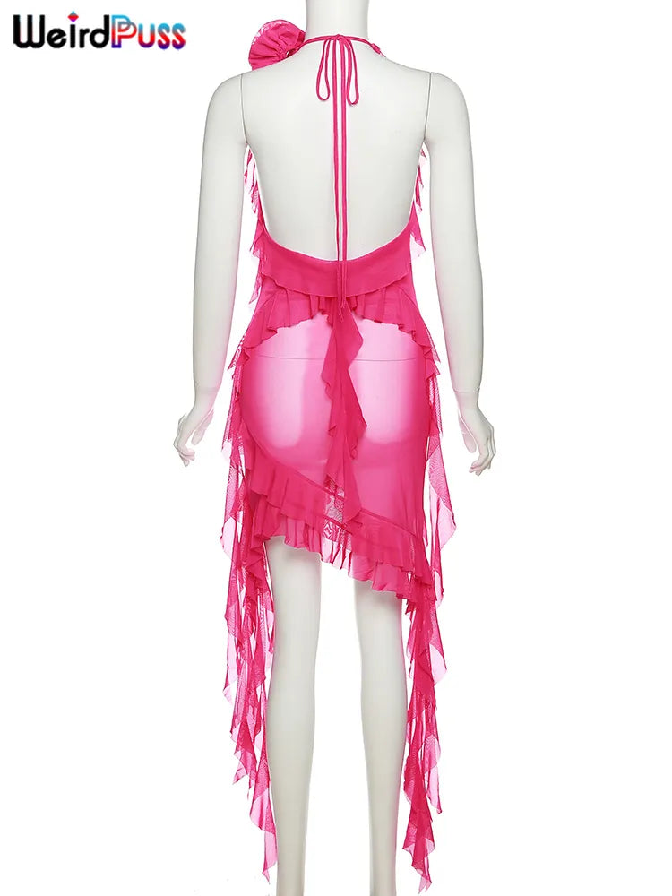 Weird Puss-vestido de fiesta con borlas para mujer, escote en V profundo, sin mangas, volantes, ajustado, transparente, elástico Irregular, ceñido al cuerpo, verano 2023