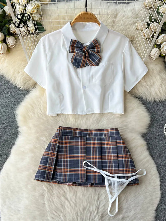 Cosplay Outfit Frauen Revers Hals Kurzes Hemd + Plaid Mini Rock + Tangas 2023 Adrette Sexy Nachtwäsche Wanita