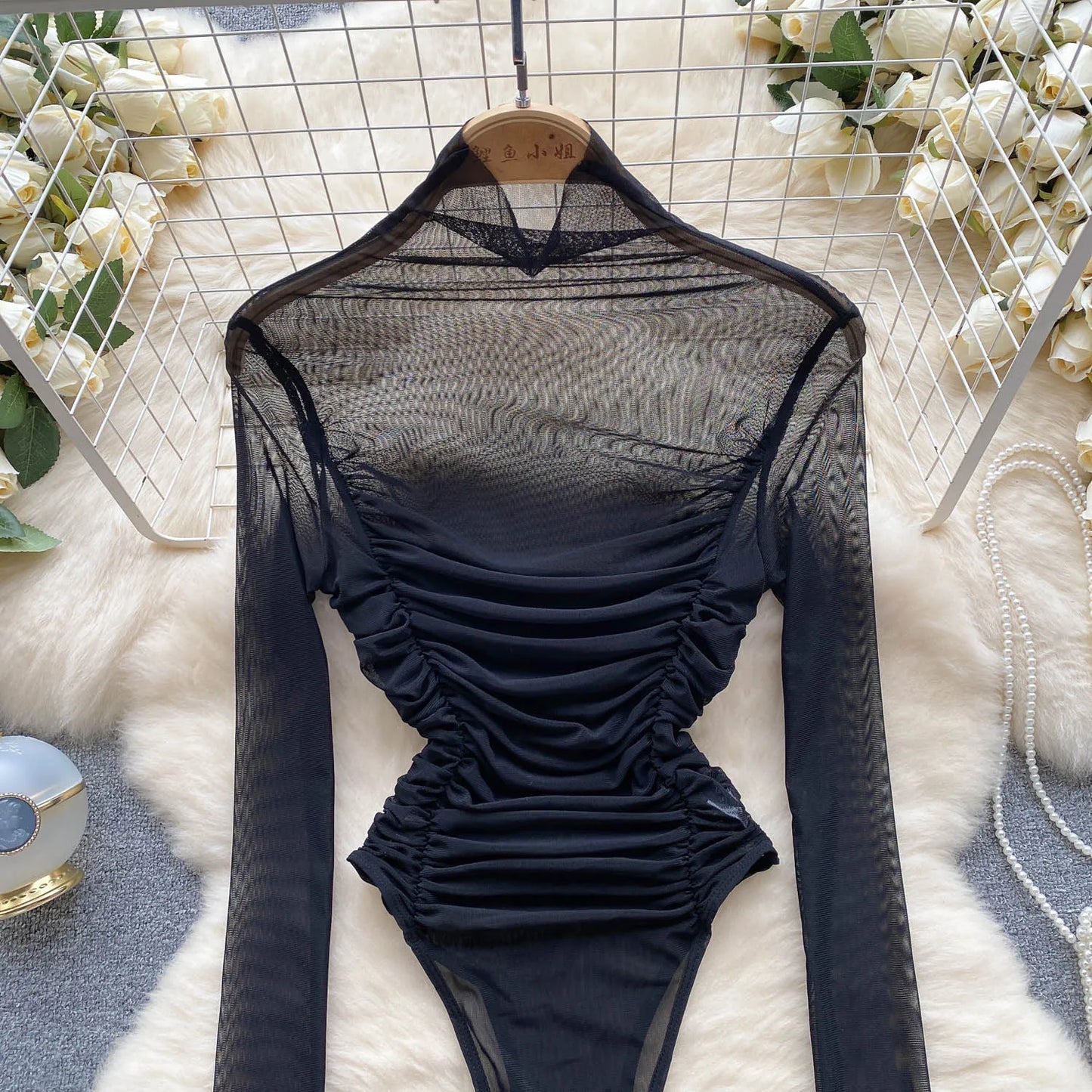 Sheer Ruched Mesh Sexy Bodysuits Half High Collar Long Sleeved Bodycon Streetwear 2023 Women Open Crotch Slim Playsuit Wanita