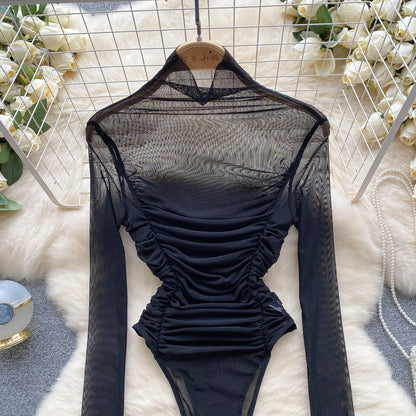 Sheer Geraffte Mesh Sexy Bodys Halb Hohen Kragen Lange Ärmeln Bodycon Streetwear 2023 Frauen Öffnen Gabelung Schlank Overall Wanita