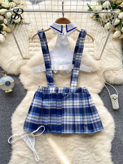 Preppy Style Cosply  Outfit Women Plaid Hollow Out Slim Sexy Nightdress Backless Pleated Hotsweet  Nightwear Wanita