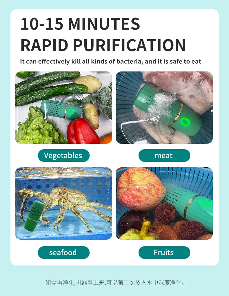 Lavadora portátil de frutas y verduras, purificador inalámbrico de alimentos con forma de cápsula, desinfección doméstica de verduras