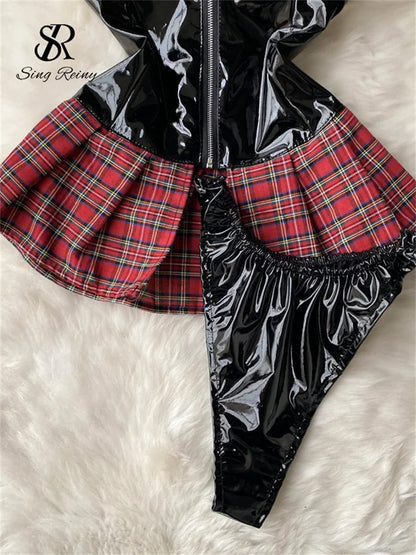 Strap PU Leather Sexy Dress Preppy Style Lace Up Backless Sensual Night Dress Plaid Cosplay   Mini Dress Wanita