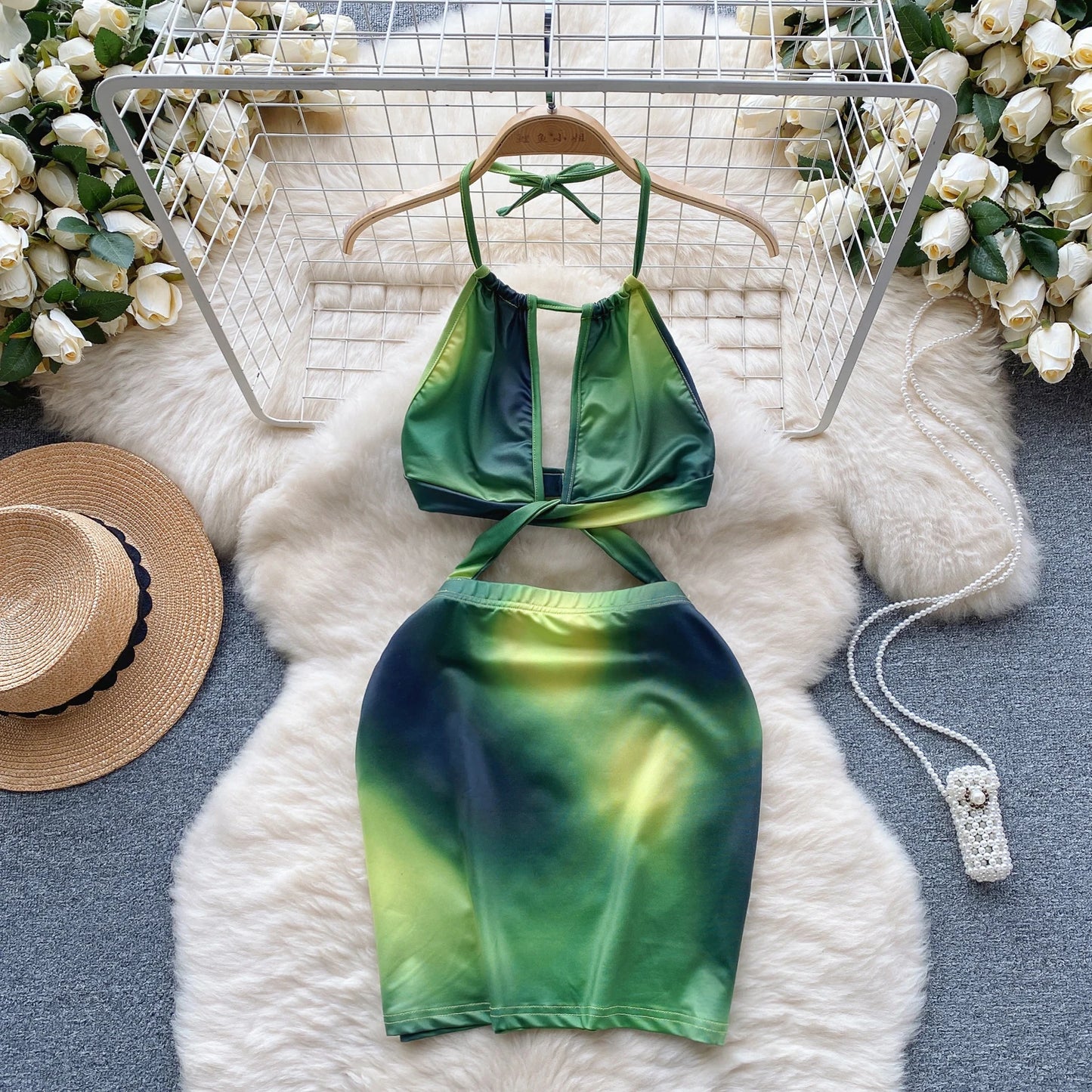 Wanita Mode Tie Dye Sexy Badeanzüge Halter Kordel Spitze Up Elastische Taille Backless Streetwear 2023 Aushöhlen Mini Kleid