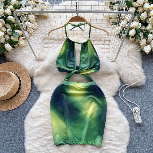 Wanita Fashion Tie Dye Sexy Swimsuits Halter Drawstring Lace Up Elastic Waist Backless Streetwear 2023 Hollow Out Mini Dress