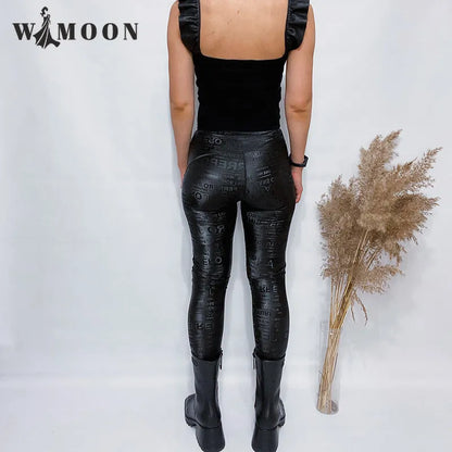 Letter Graffiti Elasticity Leather Leggings High Waist Women Autumn Winter Warm Slim Fleece Leggings Motorcycle PU Pencil Pants