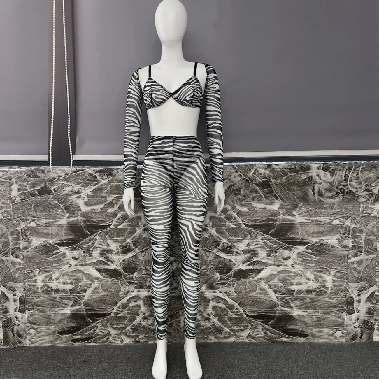 Conjunto de lencería de cebra para Top corto completo, conjunto ajustado de encaje transparente transparente, bragas íntimas sin costuras