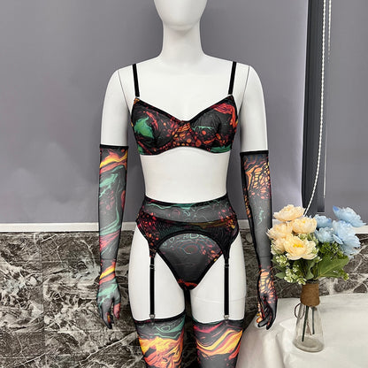 Batik-Dessous mit Strumpfärmeln, sexy, ausgefallene Unterwäsche, 5-teilige, unzensierte, intime, durchsichtige, sinnliche Mesh-Outfits