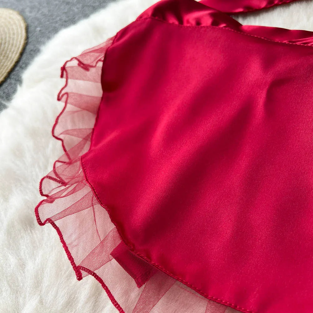 Wanita-camisón transparente con agujeros para mujer, minivestido Sexy con empalme de malla transparente, delantal de amor, Mini ropa de dormir para Cosplay