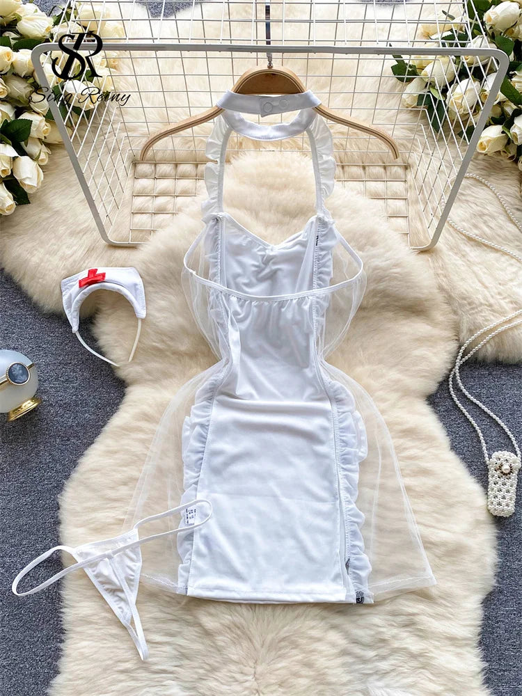 Japan Nurse Cosplay Sexy Nightdress Women Lace Mesh Patchwork Bodycon Dress+Thongs Backless Sheer  Nightwear Wanita