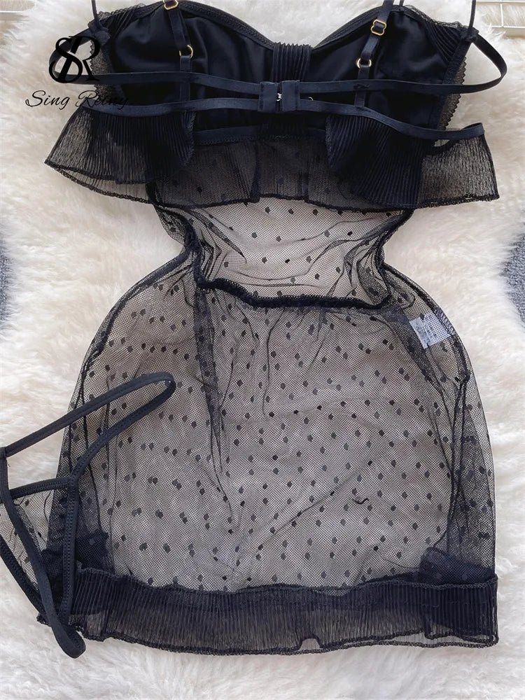 Ropa interior transparente de malla para mujer, minivestido + tangas con lazo y tirantes, camisón de encaje con volantes, 2023 Wanita