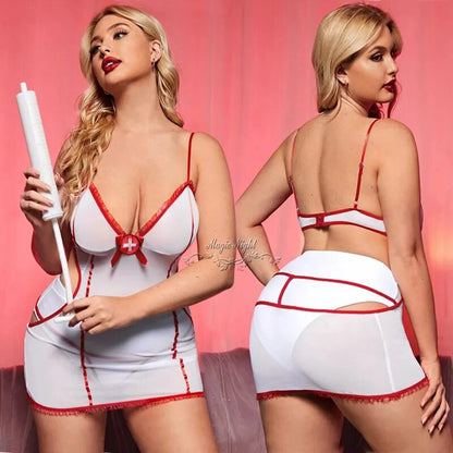 Große Größe Damen Sexy V-Ausschnitt Roleplay Krankenschwester Uniform Plus Size Rückenfrei Cosplay Krankenschwester Dessous Kleid XXL Fliter Kostüm