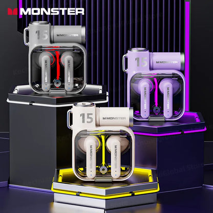 Monster-auriculares inalámbricos XKT15 con Bluetooth 5,3, cascos TWS para videojuegos, con tapa RGB, cobertura con diseño, baja latencia, novedad de 2023