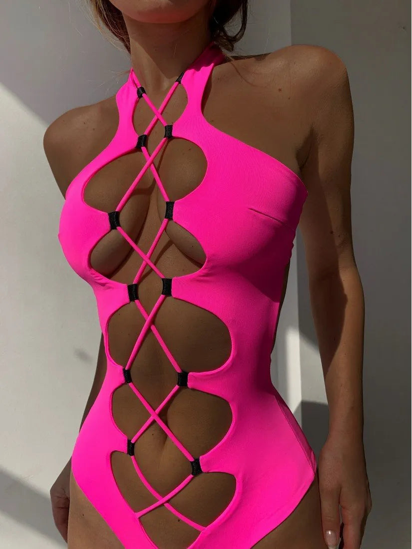 Traje de baño ahuecado para mujer 2022, traje de baño Monokini con espalda descubierta y cuello alto, traje de baño negro liso, traje de baño de una pieza para vacaciones