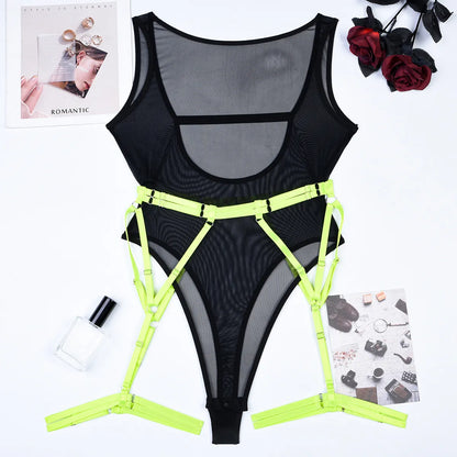 Lace Bodysuit Sexual Lingerie for Women Open Transparent Underwear With Garter  See Through Sexy Costume