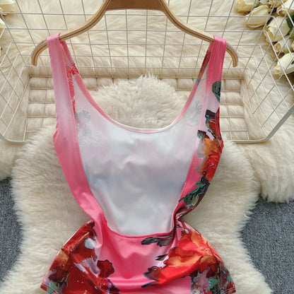 Body Sexy con estampado sin espalda para mujer, Bikini Sensual floral elástico sin mangas con tirantes, monos ajustados con entrepierna abierta Wanita