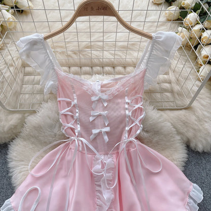 Lace Up Sweet Cosplay Sensual Mini Dress Women Strap Ruffles Nightwear+Thongs 2023  Sexy Sheer Nightdress Wanita