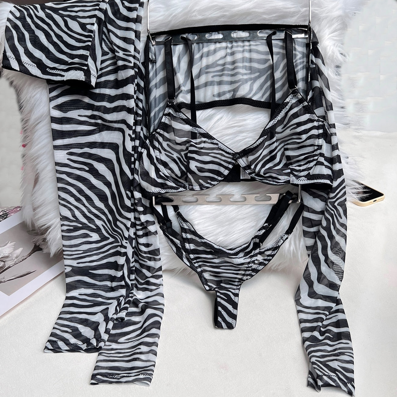 Zebra-Dessous für volles Crop-Top, enges Outfit, transparente transparente Spitze, nahtlose Intim-String-Slip-Sets