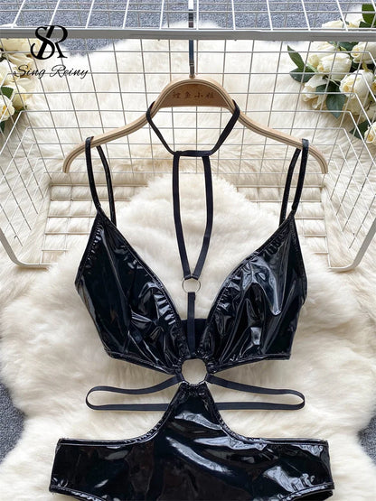 Hollow Out Sexy Bodysuits Women Sleeveless Halter Slim Backless Bikini 2023 Ladies Pu Leather Sensual Playsuits Wanita