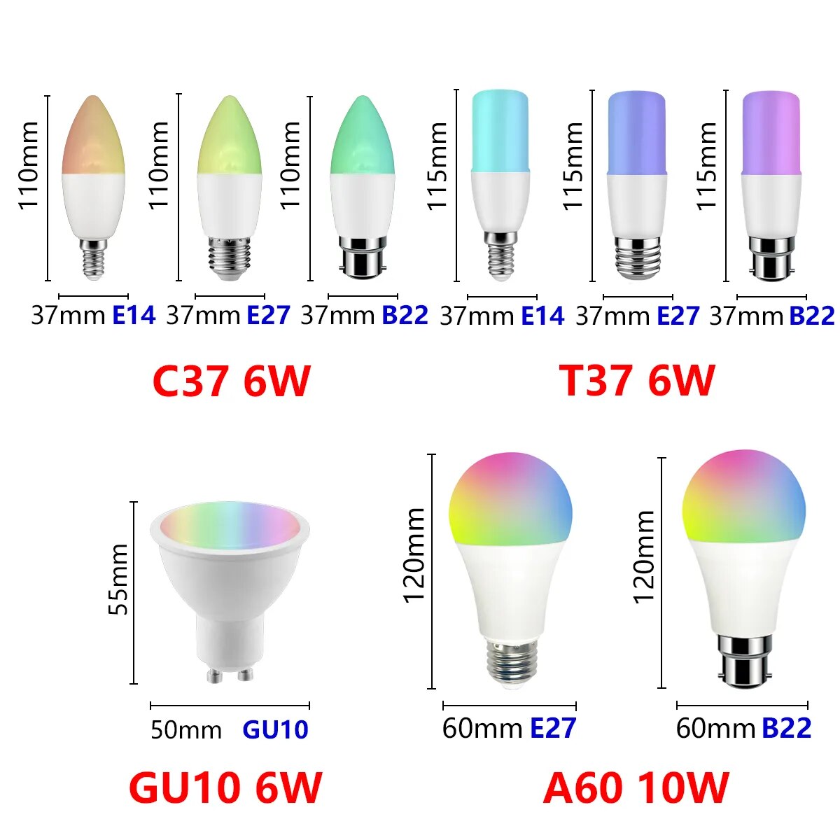 Bombilla inteligente Tuya RGB GU10 C37 A60 T37 E14 E27 B22 WiFi lámpara Led mágica AC 110V 85V-265V funciona con Alexa Google Home regulable