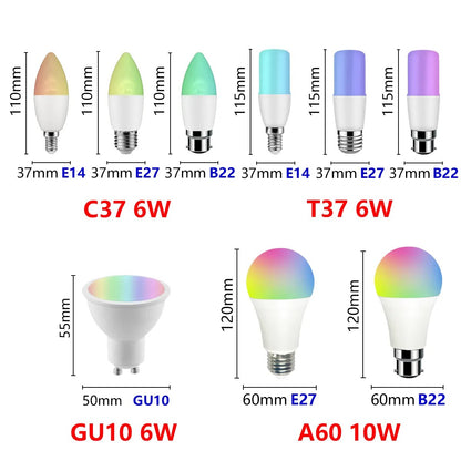 Bombilla inteligente Tuya RGB GU10 C37 A60 T37 E14 E27 B22 WiFi lámpara Led mágica AC 110V 85V-265V funciona con Alexa Google Home regulable